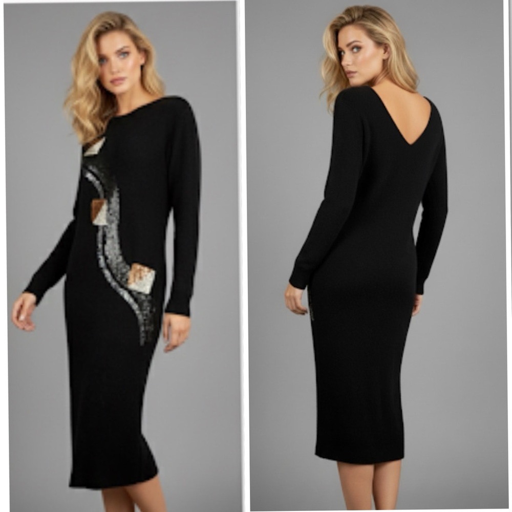 VESNA BRICELJ Vintage 80s Wool / Angora Blend Art Sequins Sweater Dress Size S